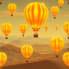 Fototapeta premium Golden Hour Hot Air Balloons: A breathtaking panorama of vibrant orange hot air balloons soaring gracefully over rolling hills bathed in the warm glow of sunset.