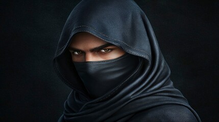 Naklejka premium Mysterious Hooded Figure Cinematic Portrait Dark Background Intense Gaze
