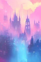 Fototapeta premium A mesmerizing fantasy cityscape featuring towering spires and vibrant pastel skies, creating a mystical and enchanting atmosphere.