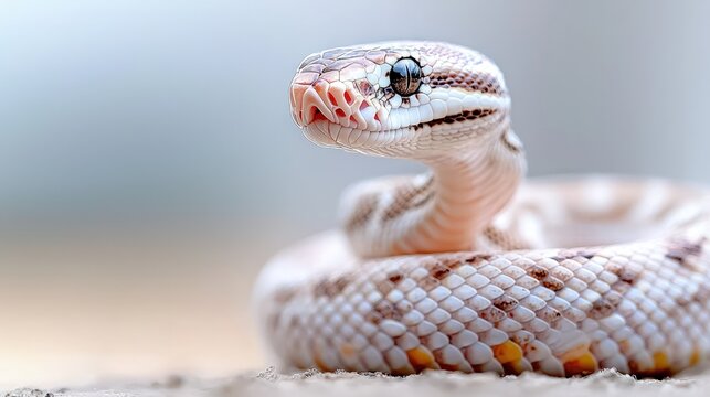A light pink and white ball python snake coiled on a textured surface with a soft bokeh background.