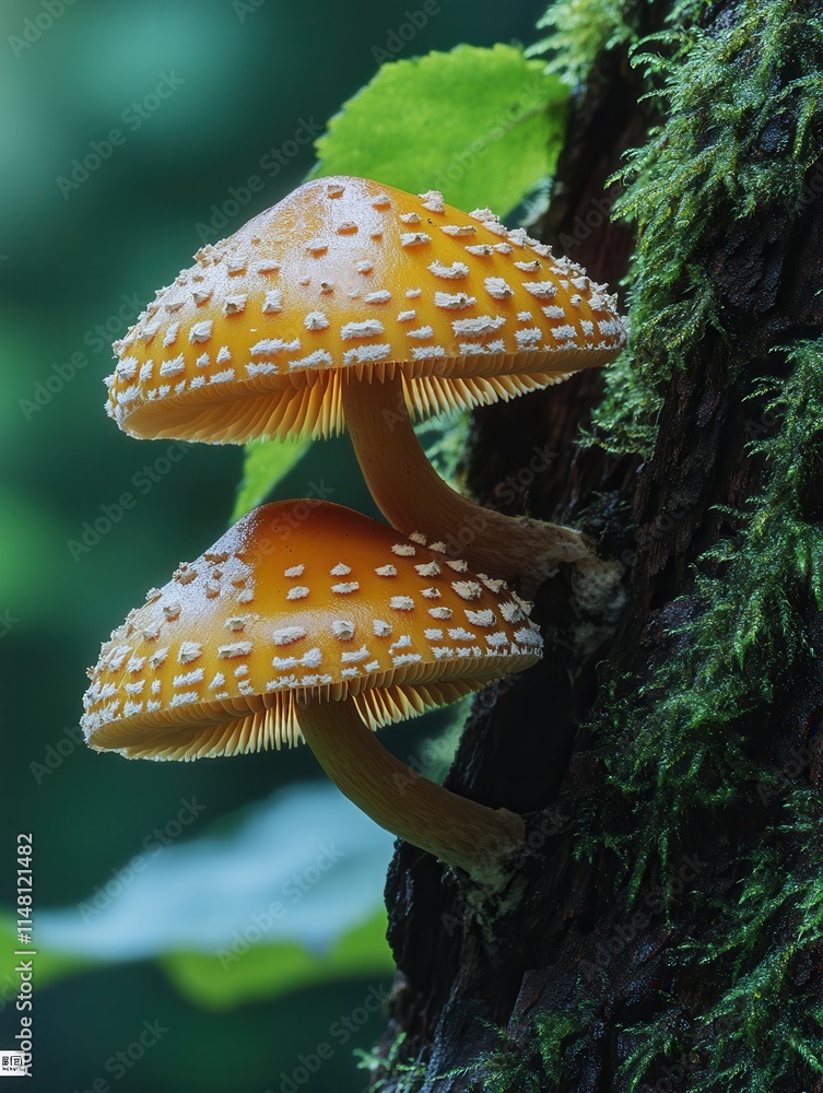 Poster mushrooms grow on a tree trunk surrounded by lush greenery in a serene forest setting during dayligh