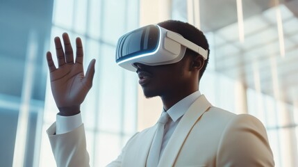 Young multiracial business People wearing virtual reality goggles with touching air during VR Meeting Conference at the office. Business men and women using VR goggles in meeting room.