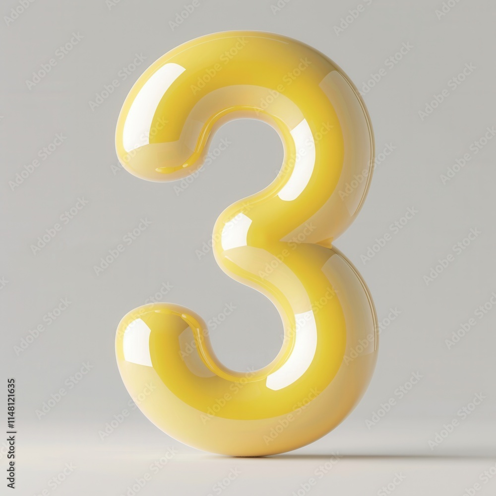Poster bright yellow glossy number three standing upright on a light grey background highlighting its smoot