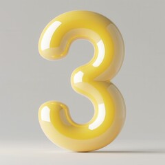 Fototapeta premium Bright yellow glossy number three standing upright on a light grey background highlighting its smooth curves and inviting appearance
