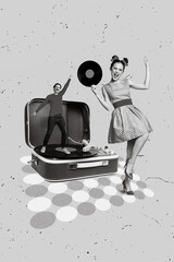 Creative photo 3d collage artwork postcard poster picture of two happy people enjoy 80s 90s theme...