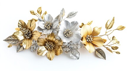 Elegant Gold and Silver Flower Bouquet for New Year's Decorations on a Clean White Background