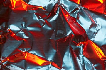 Abstract close up of crumpled aluminum foil with highlights of red and orange