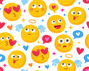 Seamless pattern with cute cartoon emoticons. Wrapping paper, design for Valentine's Day, Birthday. Yellow smileys on a white background. Angels, hearts and stars.