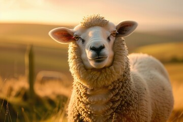 Fototapeta premium Curious sheep standing in a lush green field during golden hour, illuminated by the warmth of the descending sun with rolling hills in the background