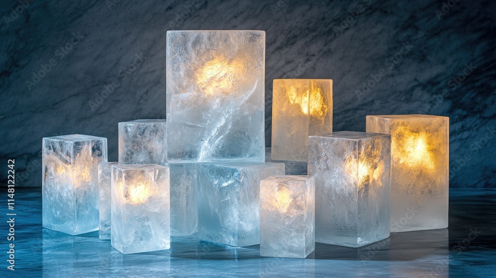 Poster glowing ice blocks with warm luminescence in artistic display