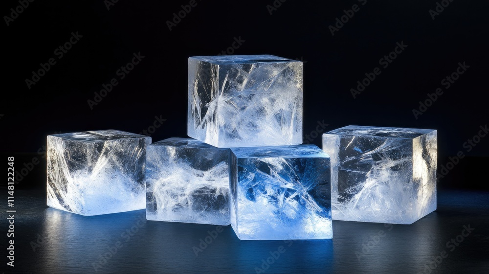 Poster crystal clear ice cubes with intricate patterns on dark background