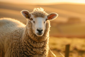 Fototapeta premium Close-up of a sheep standing peacefully in the golden light of sunset on a rural farm in rolling hills