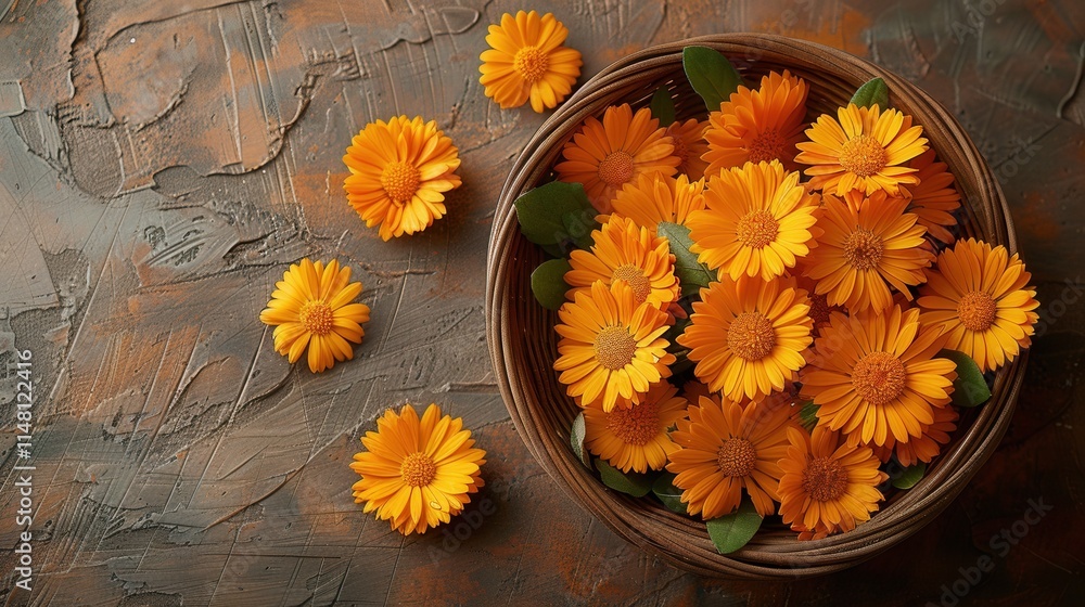 Poster bright orange flowers arranged in a rustic basket on a textured brown surface create a warm and invi
