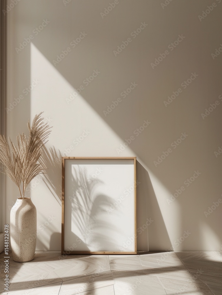Poster soft light casts gentle shadows on a minimalistic interior with a vase and an empty frame against a 