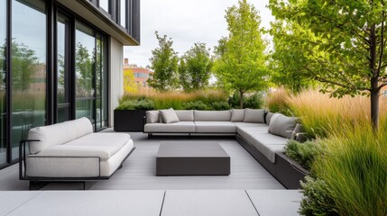 Minimalist modern rooftop garden with clean, stylish design. Featuring neutral tones and sleek furnishings
