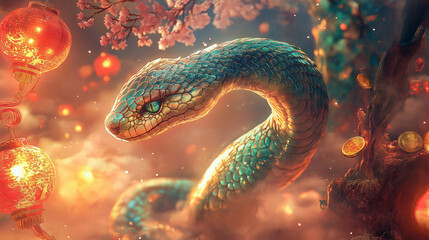 A majestic snake coiled in an elegant pose, symbolizing the Year of the Snake 2025.