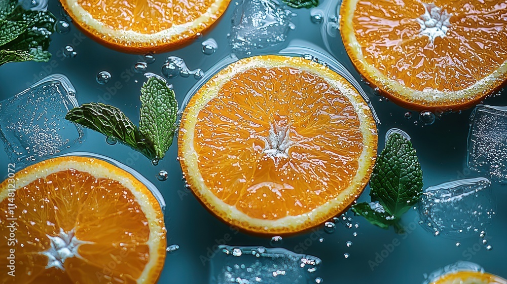 Poster refreshing citrus slices with mint leaves and ice in clear sparkling water creating a vibrant and in