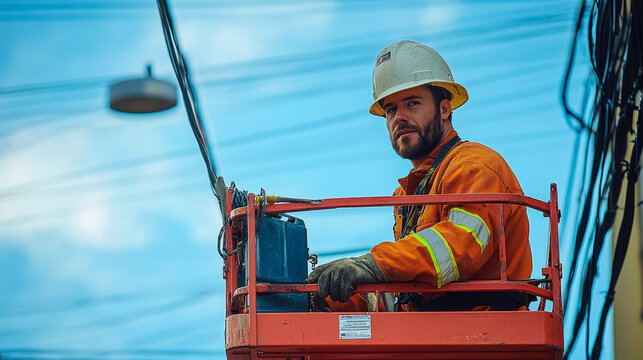 Worker in Cherry Picker Repairing Overhead Power Cables on Mobile Elevating Platform - Powered by Adobe