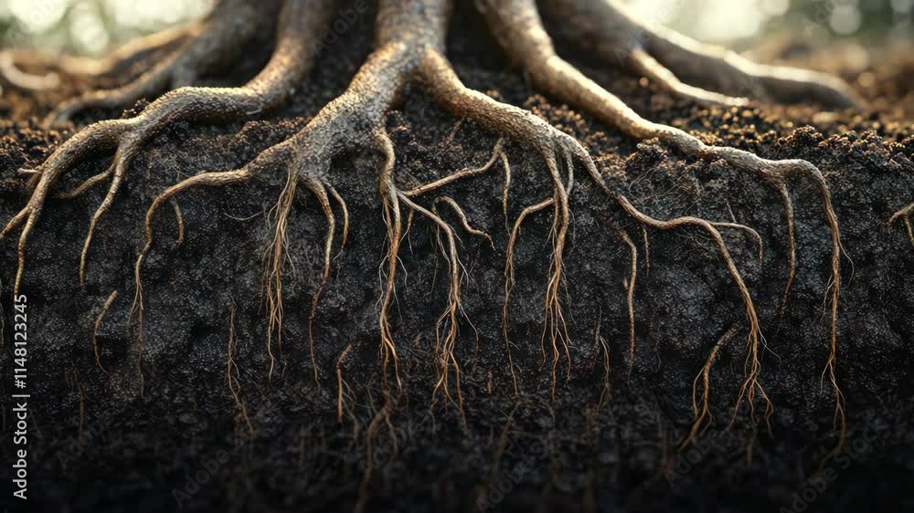 Poster roots of an ancient tree showcasing intricate patterns in soil during daylight hours at a serene for