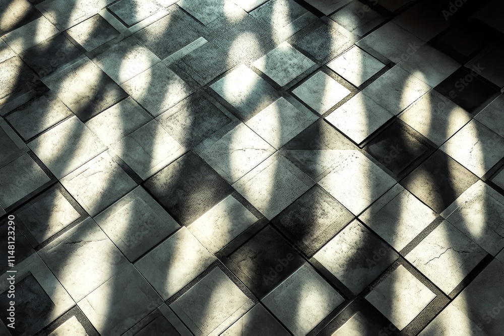 Poster a floor with black and white tiles. the tiles are arranged in a checkered pattern. the floor is in a