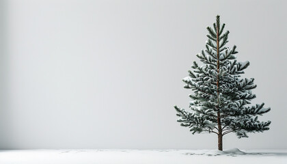 Fototapeta premium Minimalist Christmas scene, Snow covered pine tree against a white wall. Perfect for holiday cards, winter themes, and festive designs.