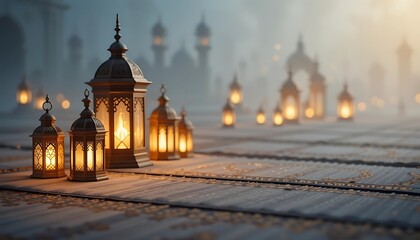 Illuminated Islamic Lanterns on Prayer Rugs at Dusk, Generative AI