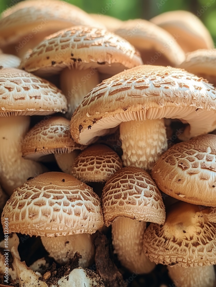 Poster clusters of brown mushrooms growing in a forest with soft natural light filtering through the trees 