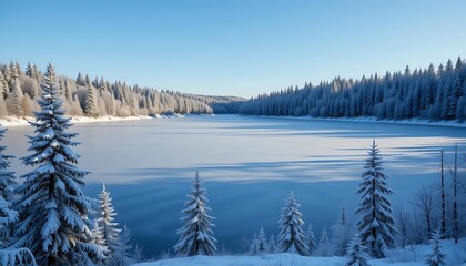 Frozen Winter Lake with Snowy Pines Under a Clear Sky, Generative AI