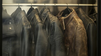 Naklejka premium Diverse Collection of Leather Jackets Hanging on Display Rack