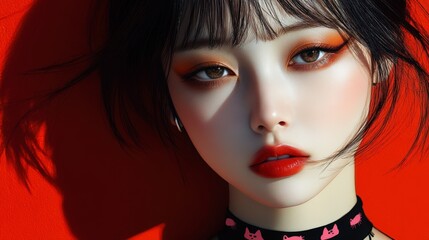 Fototapeta premium Stylish Woman Portrait Red Background Bob Haircut Gold Makeup Cat Print Top