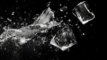 Ice Cubes Splashing in Water on a Black Background