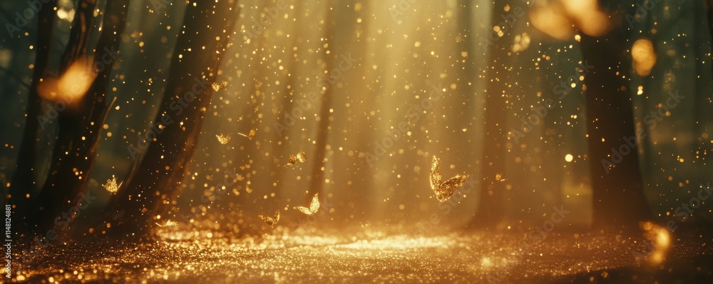 Poster the dark background is sprinkled with golden dust, creating beautiful bokeh effects and light spots 
