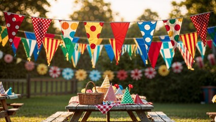 Colorful party decoration with bunting and picnic setup, festive atmosphere, outdoor celebration