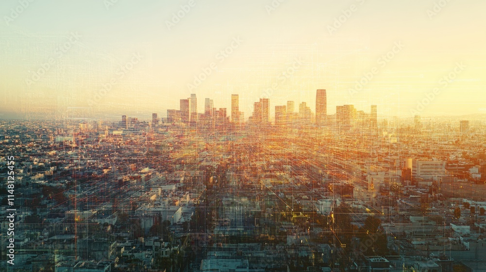 Poster Cityscape blended with digital neural network signifies the rise of artificial intelligence in urban life. Generative AI