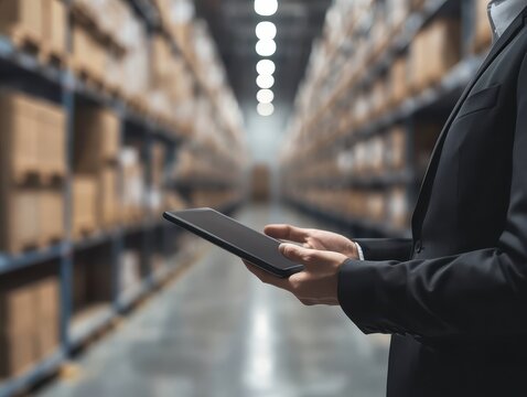 Supervisor using tablet to adjust inventory strategy based on demand, close up, retail management theme, realistic, composite, warehouse backdrop
