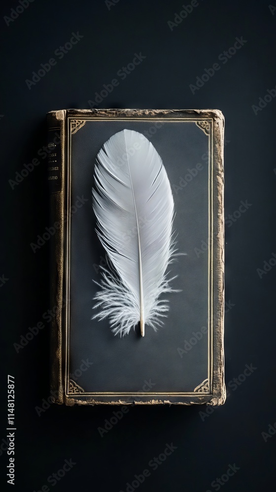 Poster a feather is displayed on a book with a black background. the feather is white and he is a symbol of