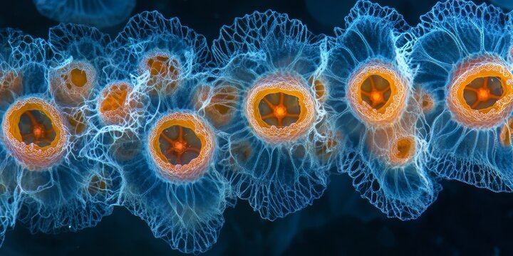 Colony of marine dinoflagellate observed under 400x magnification, showcasing the intricate details of the dinoflagellate, Ceratium vulture in a Lugol preserved sample.