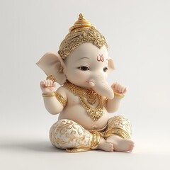 3D Adorable Baby Lord Ganesha in Traditional Attire with Golden Accessories - Hyper-Realistic Photography.AI generated illustration.