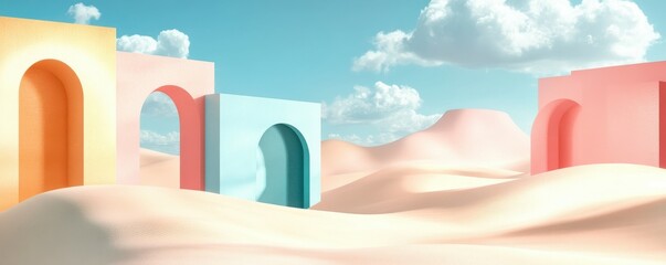 An abstract surreal pastel landscape background with modern architecture and geometric arches, a colorful scene of dunes with blue sky and clouds, and a minimalist decor design.