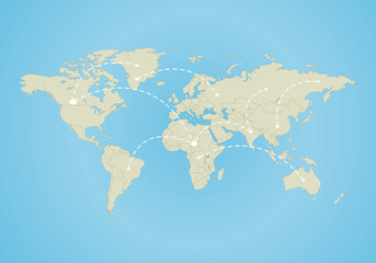 World map, with all country borders in dark grey color and blue background