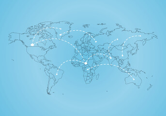 World map with global technology or social connection network with nodes and links illustration