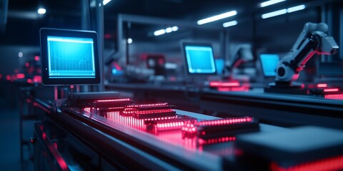 Automated factory production line with robotic arms and computer monitors displaying data.