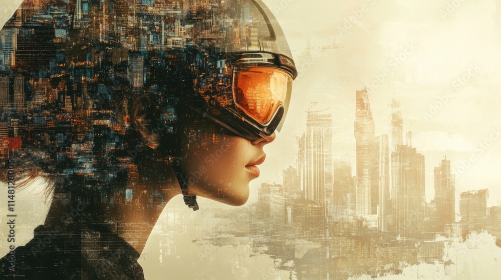 Fototapete Profile view of a person in safety helmet and goggles with abstract city background and ample space for text. Generative AI