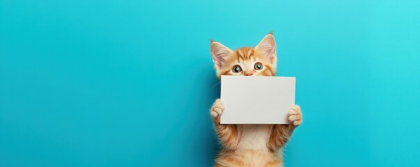An adorable ginger kitten standing on a hand, holding up a blank sign against a blue background