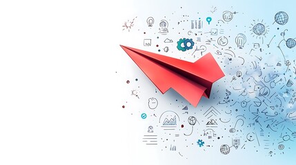 Red paper airplane flying among doodle icons