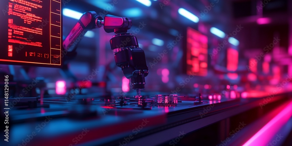 Aufkleber robotic arm working on assembly line in futuristic factory.