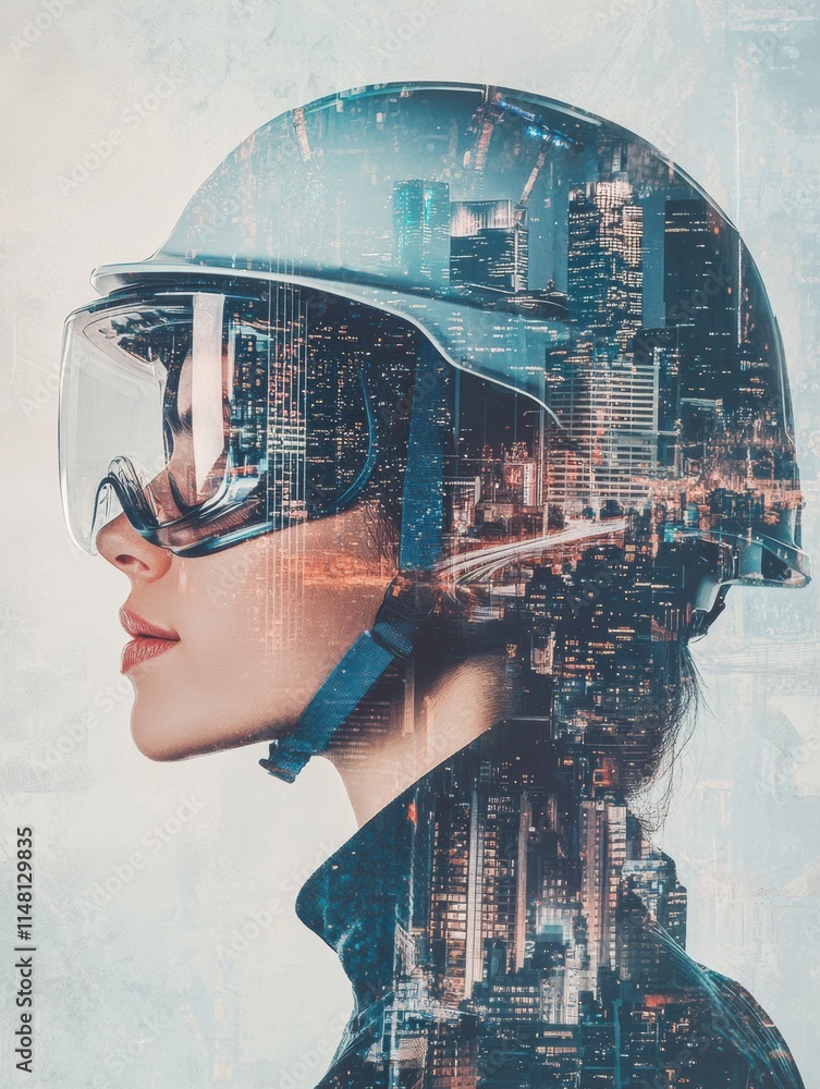 Fototapete Profile of a person in safety helmet and goggles against abstract city backdrop and copy space for text insertion. Generative AI