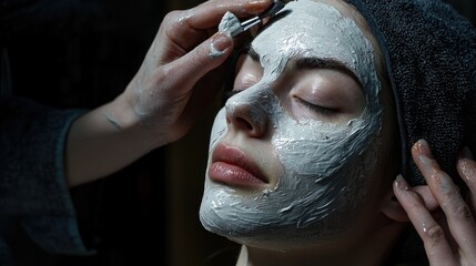 Fototapeta premium Relaxing Facial Mask Application: A Close-Up Shot of a Woman Receiving a Clay Mask Treatment
