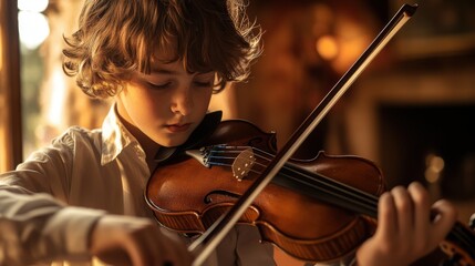 Young Boy Plays Violin, Classical Music, Musical Instrument, Child Prodigy, Musical Education, Home 