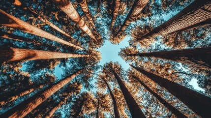 Obraz premium Low angle view of tall trees reaching for a clear blue sky.